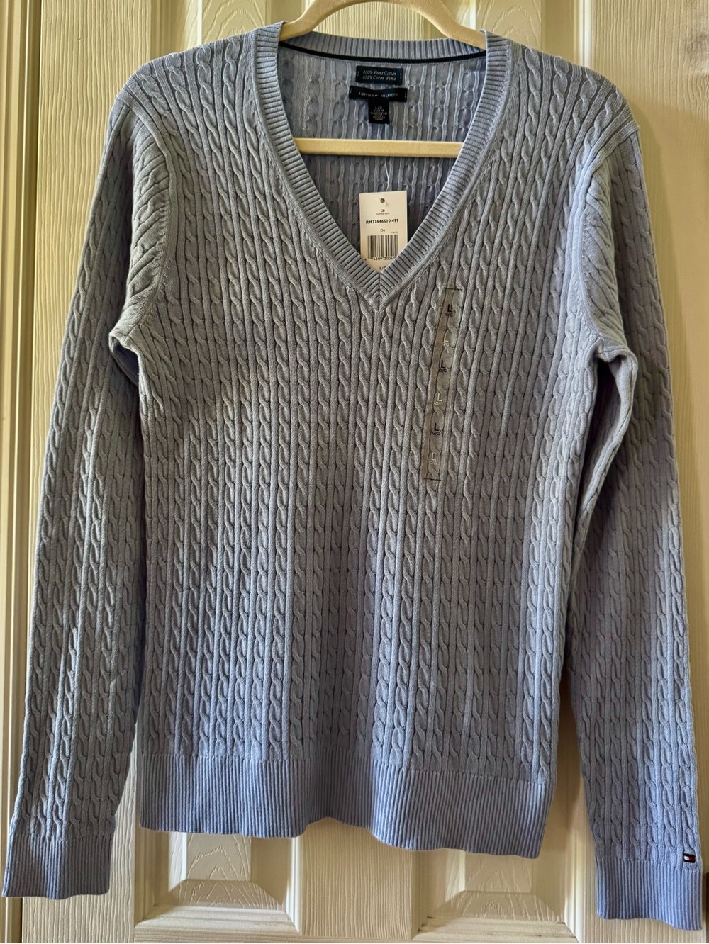 NWT Tommy Hilfiger 100% Pima Cotton Cable Knit V-Neck Sweater Light Blue Large